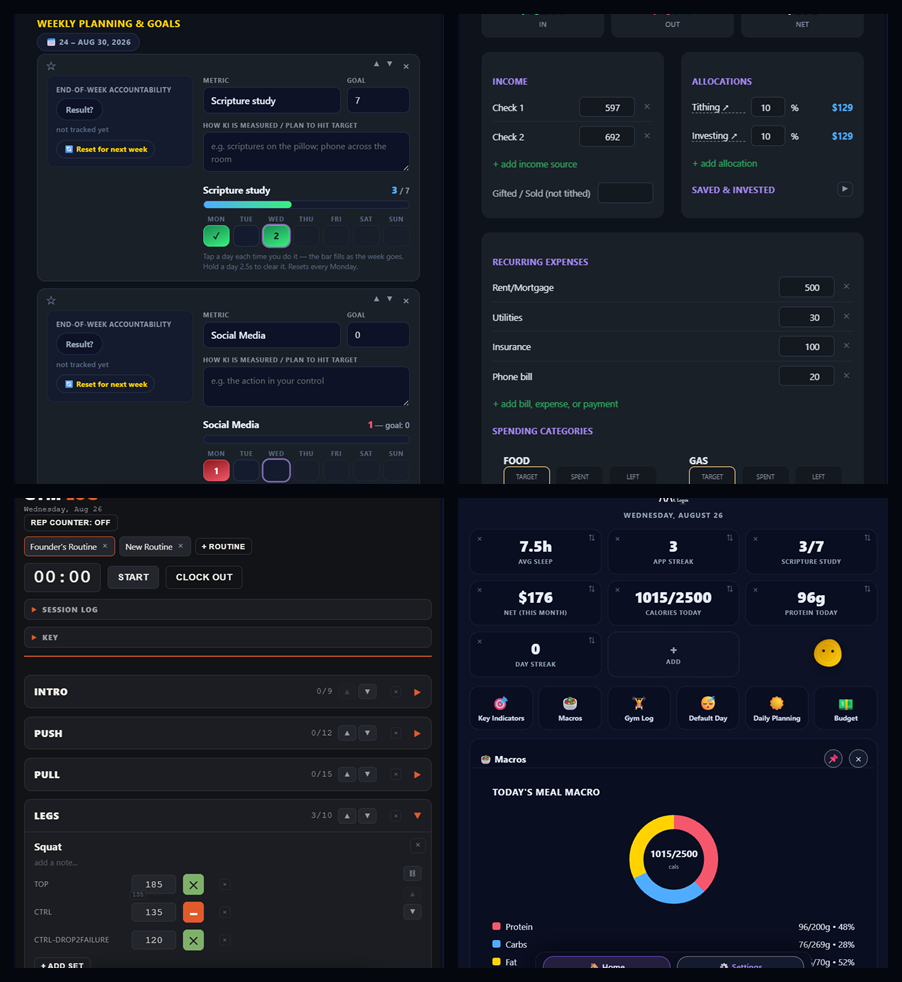 Four screens from Mt. Logos: weekly goals, budget, planning and tracking.